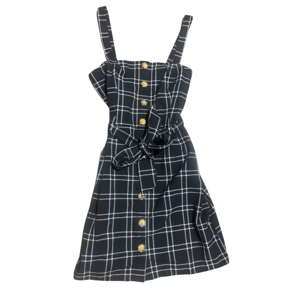 Black & White Plaid Academia Preppy Cottagecore Button Front Mini Dress Size S - Picture 2 of 7